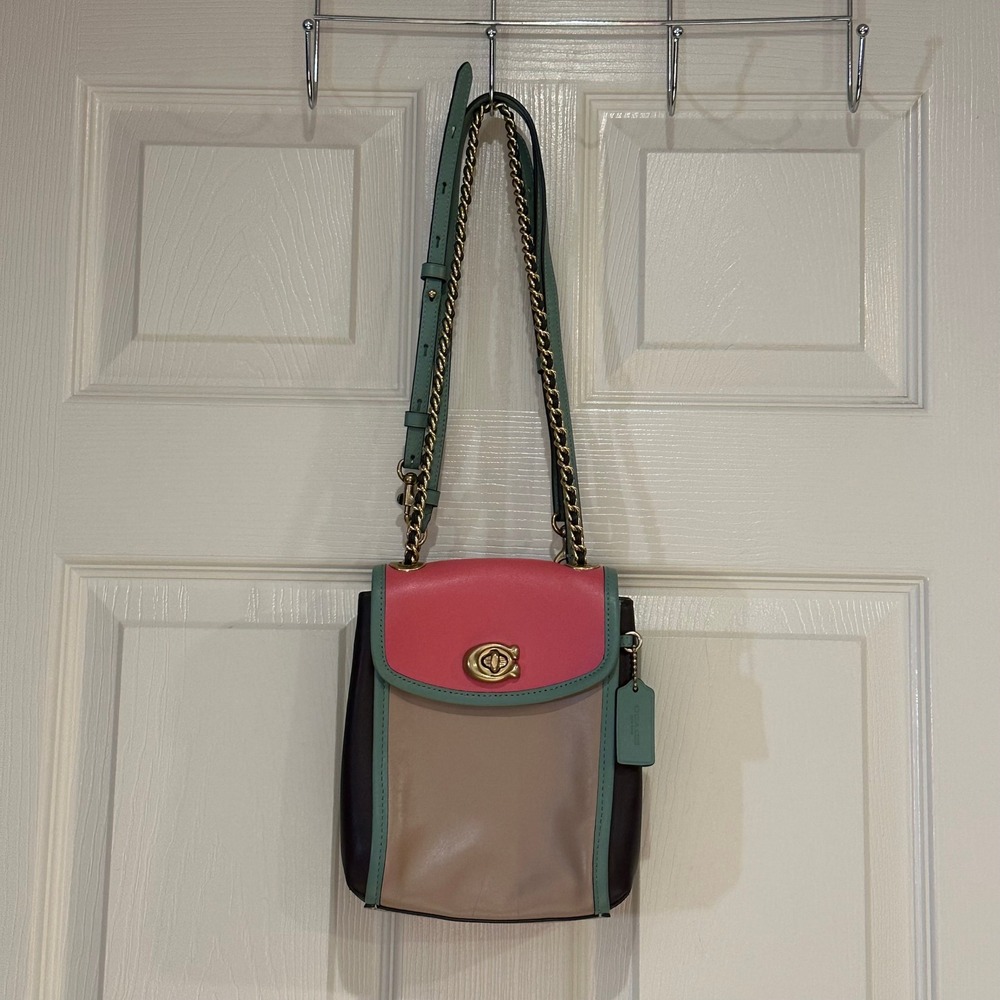Coach Parker Convertible Backpack Colorblock Leather Pink Green Brown Crossbody